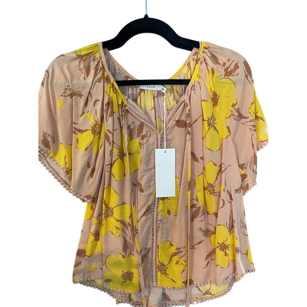 Lush Floral Split Neck Blouse Yellow Peach Pom‎ Pom Trim Boho Top Small NWT